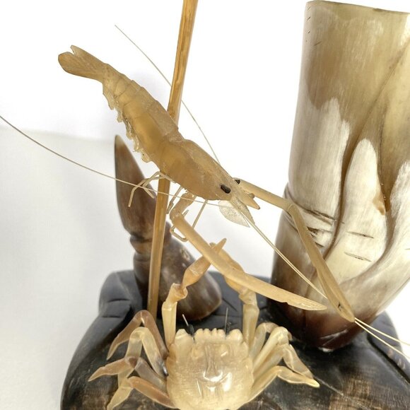 Crab Shrimp Lotus Hand Carved Animal Horn Sculpture Pen Holder Vintage Desk Set - Picture 2 of 16
